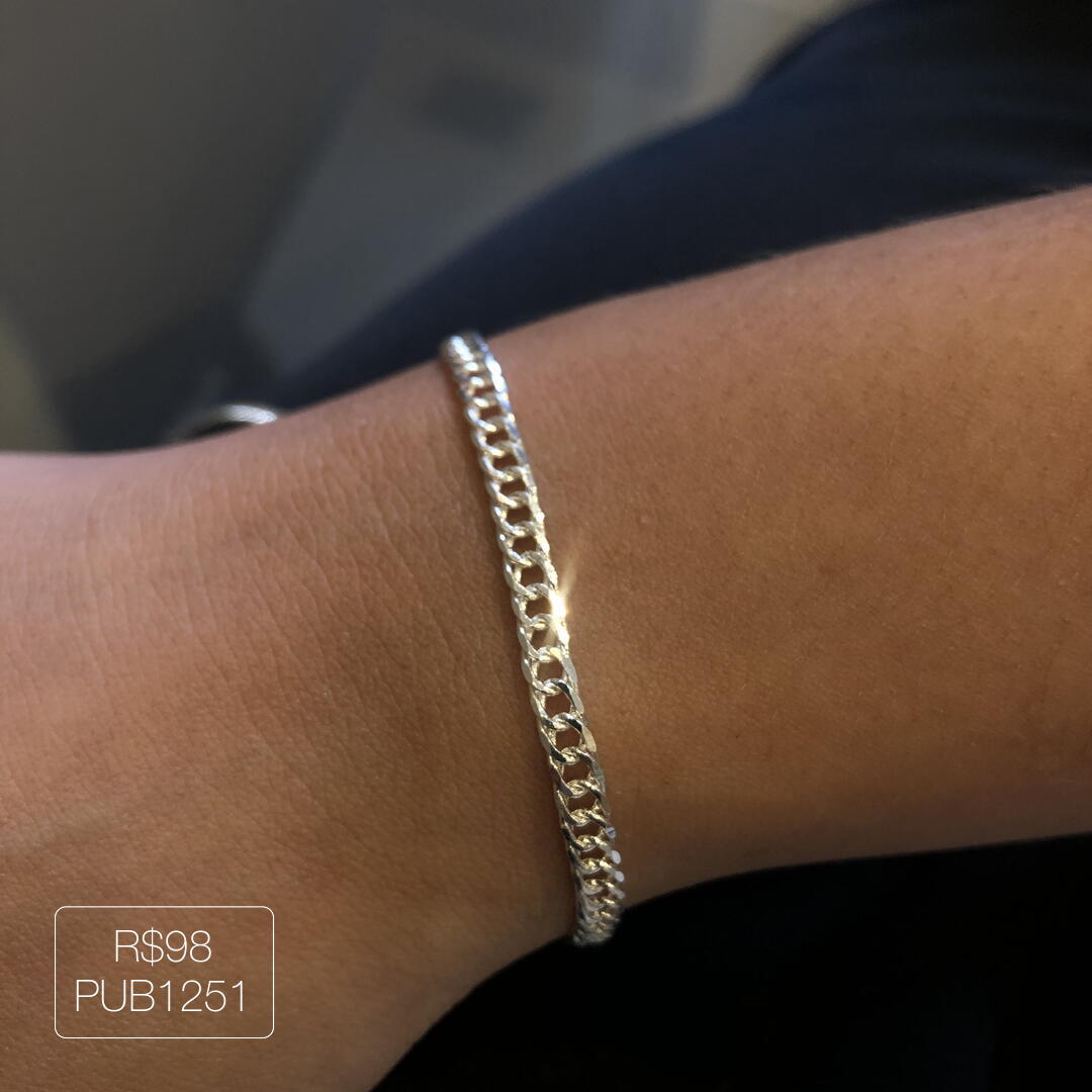 Pulseira Elo Duplo Diamantado Liso Prateado